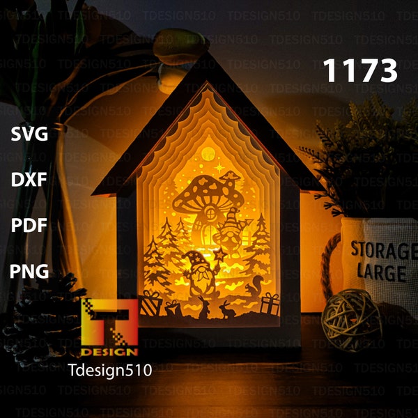 Christmas Gnome House Paper cutting lamp 3D shadow box Light box template papercut lightbox svg file DIY cricut, 1173