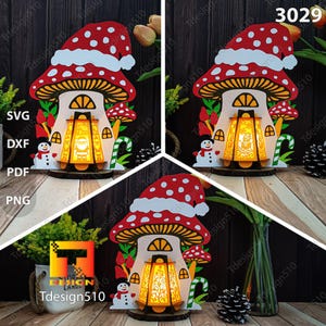 Lanterna di Natale a forma di casa a forma di fungo Lampada da taglio su carta Scatola delle ombre 3D Modello per scatola luminosa File svg per scatola luminosa ritagliata su carta Fai da te Cricut, Natale Noel 3029