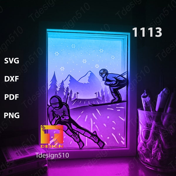 Skiing Paper cut light box template, shadow box, 3D papercut lightbox svg file DIY, cutting cricut, 1113
