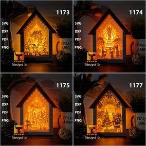 May include: Four different designs for a 3D laser cut wooden nightlight. Each design features a different scene: a mushroom house, a religious scene, a winter village, and a Santa Claus scene. The nightlights are illuminated from within, creating a warm glow.