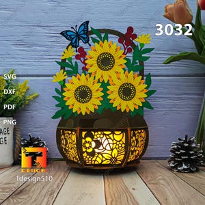 Panier tournesol Thanksgiving lanterne lampe à découper en papier shadow box caisson lumineux Papercut lightbox lanterne svg 3032B