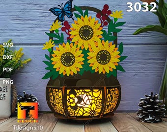 Sunflower Basket Thanksgiving Day Lantern Paper cutting lamp shadow box Light box Papercut lightbox svg lantern 3032B