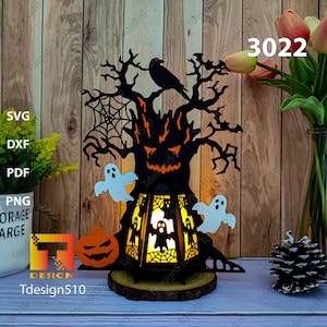 Lanterna de árvore assustadora de Halloween Caixa de sombra 3D Caixa de luz Caixa de luz cortada em papel Arquivo SVG DIY Cricut, 3022A