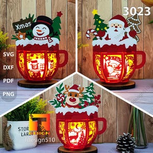 Lanterna di cioccolata calda di Natale Carta tagliata Scatola delle ombre 3D Scatola luminosa tagliata in carta File svg Cricut Lanterna di Natale Pupazzo di neve Babbo Natale Renna, 3023