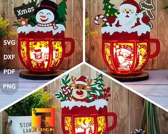 Christmas Hot Cocoa Lantern Paper cutting 3D shadow box Papercut lightbox svg file cricut Xmas Snowman Santa Claus Reindeer lantern, 3023