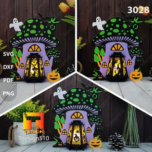 Lanterna di Halloween a forma di casa a forma di fungo Lampada da taglio su carta Scatola delle ombre 3D Modello per scatola luminosa File svg per scatola luminosa ritagliata su carta Fai da te Cricut, 3028