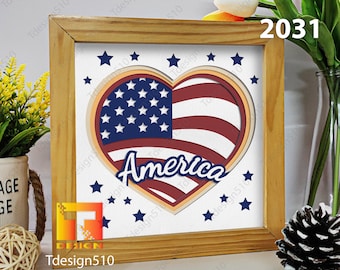 Scatola d'ombra 3D America Heart Modelli di taglio carta Papercut creazione file in formato SVG Regalo fai da te Cricut Silhouette, 2031