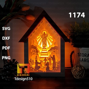 Jesus Christmas House Lampada da taglio carta Scatola d'ombra 3D Modello di scatola luminosa papercut lightbox file in formato SVG Cricut fai da te, 1174