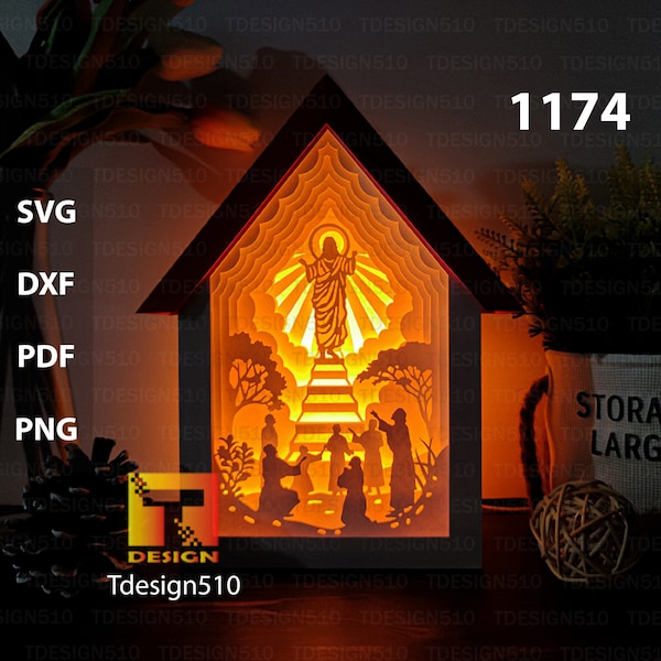 Jesús Navidad Casa Lámpara de corte de papel Caja de sombras 3D Plantilla de caja de luz papercut lightbox archivo svg DIY cricut, 1174