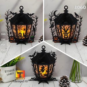 Halloween Lantern Paper cutting lamp Spooky Pumpkin lantern 3D shadow box witch tree Light box template Papercut lightbox SVG cricut 3060