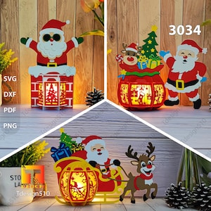 Lanterne du père Noël, lampe à découper, boîte d'ombre 3D, boîte à lumière, boîte à lumière, découpe de papier, svg, cadeaux de cheminée de Noël, lanterne de traîneau de rennes, 3034
