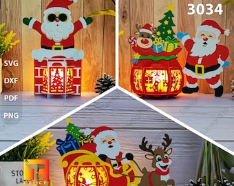 Santa Claus Lantern Paper cutting lamp 3D shadow box Light box Papercut lightbox svg Christmas Chimney Gifts Reindeer sleigh lantern 3034