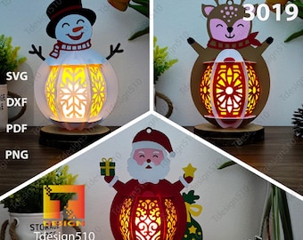 Christmas Lantern Paper cutting lamp 3D shadow box Papercut lightbox svg file cricut Xmas Snowman Santa Claus Reindeer lantern, 3019
