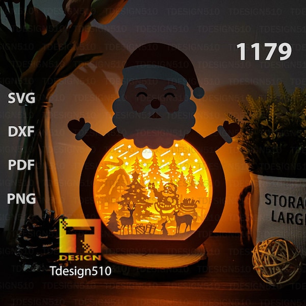 Santa Claus Paper cutting lamp 3D shadow box Light box template papercut lightbox svg file DIY cricut, 1179