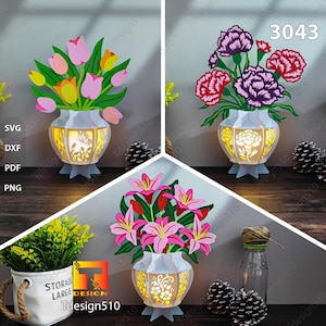 Lanterne vase à fleurs, vase lys vase tulipe lanterne vase oeillets lampe à découper en papier boîte d'ombre 3D papercut lightbox SVG fête des mères bricolage 3043