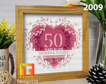 May include: A framed papercraft design with a pink heart and the number 50 in the center. The text "Years of Love James & Juliet 28-02-1973" is below the heart. The year 2009 is in the top right corner of the image.