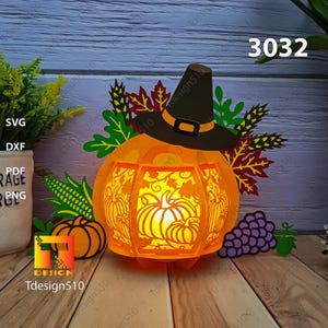 Autumn Harvest Pumpkins Thanksgiving Day Lantern Paper cutting lamp shadow box Light box Papercut lightbox svg  lantern 3032