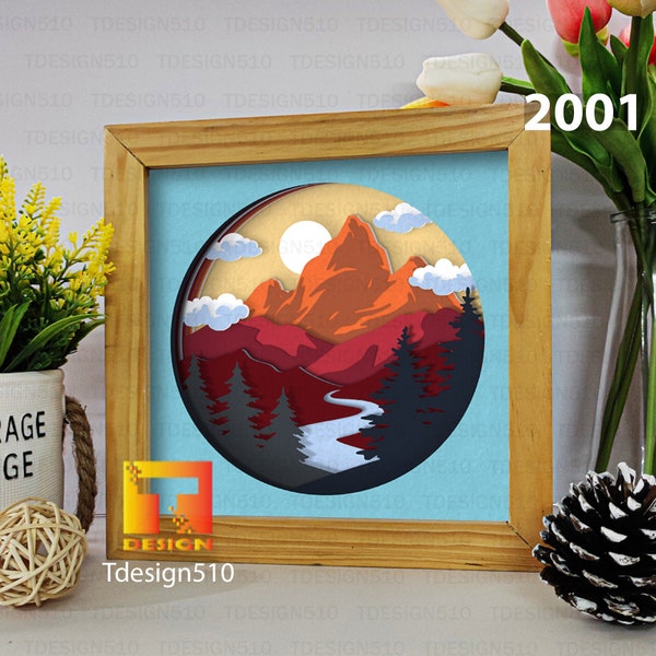 Mountain 3D shadow box Paper cutting templates Papercut crafting svg file DIY gift Cricut Silhouette, 2001
