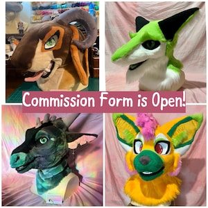 Puede incluir: Se muestran cuatro cabezas de fursuit coloridas y hechas a mano. Las cabezas presentan varios diseños de animales, incluyendo un carnero, un dragón y un zorro. El texto "Commission Form is Open!" se muestra en la imagen.