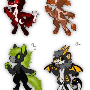 May include: Four cartoon-style creatures with animal-like features. The creatures are numbered 1 through 4. Creature 1 is red and white with a crescent moon. Creature 2 is brown and tan. Creature 3 is black and green. Creature 4 is gray, black, and yellow with a snake.