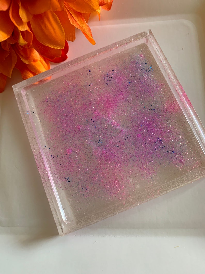 blue and purple glitter square coaster Pink