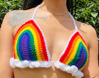 Pride Rainbow Cloud Crochet Bralette Top, Handmade Bralette Top, Crochet Bralette Top, Crochet Crop Top, LGBTQ Clothing, LGBTQ Top
