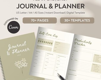 All-in-One Journal Planner Bundle: Printable Self-Care, Gratitude, Mindfulness Workbook (Editable Canva Template, Digital Download)