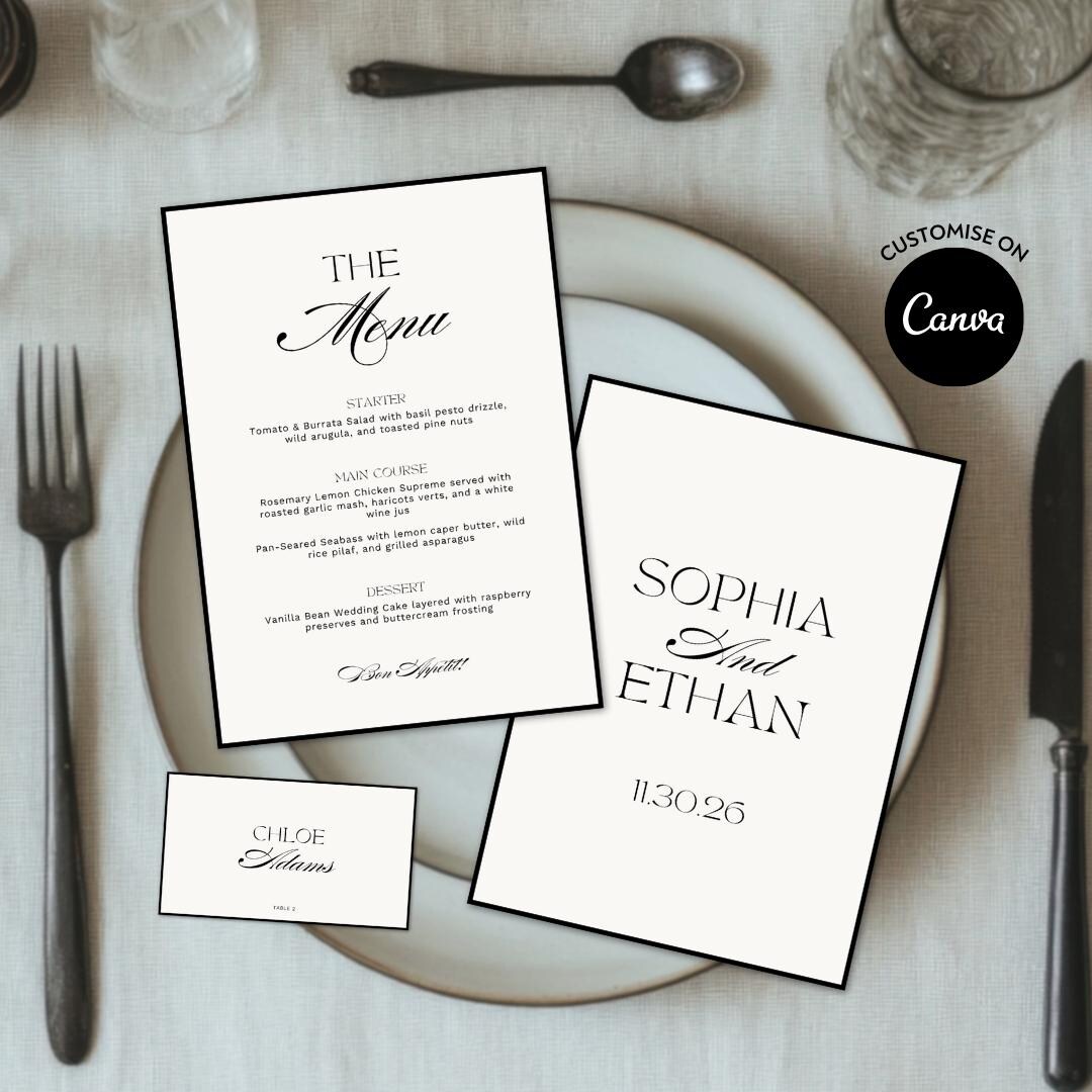 Timeless Wedding Menu & Place Card Template: Modern Minimalist Table ...