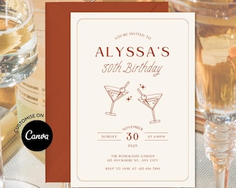 Martini 30th Birthday Invitation Template: Vintage Hand-Drawn Adult Bday Invite (Canva Editable, Digital Download)