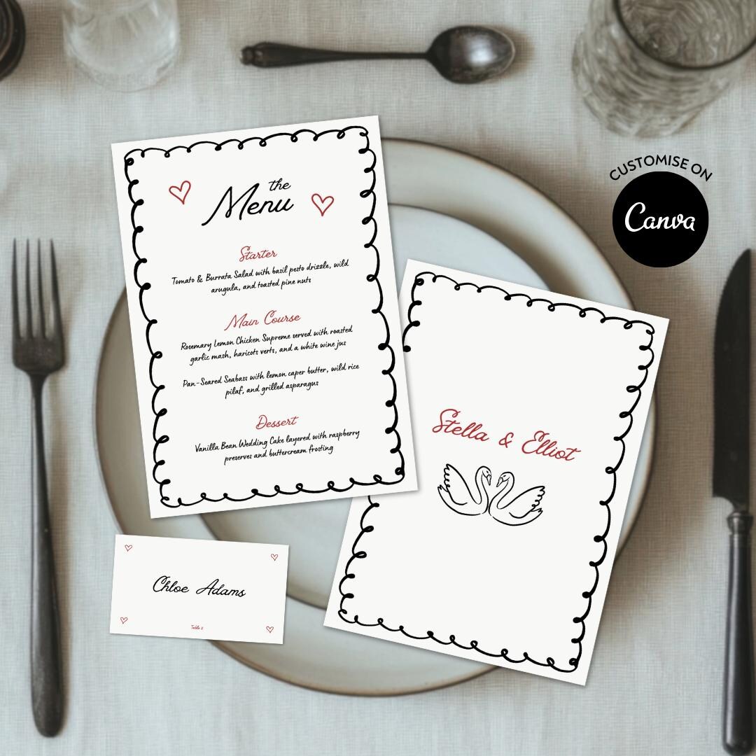 Illustrated Wedding Menu & Place Card Template: Elegant Hand-drawn ...