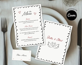Illustrated Wedding Menu & Place Card Template: Elegant Hand-Drawn Table Setting Bundle Set (Canva Editable, Digital Download)
