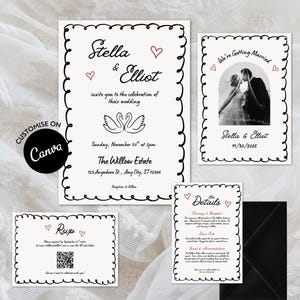 Illustrated Wedding Invitation Suite Template: Hand-Drawn Doodle Invite Bundle Set (Canva Editable, Digital Download)
