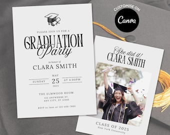 Classic Graduation Party Invitation Template: Minimalist Grad Announcement Invite (Canva Editable, Digital Download)