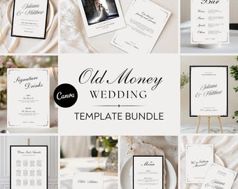 May include: A collection of elegant wedding templates with a classic design. Includes invitations, menus, bar signs, seating charts, and thank you cards. The templates feature black text on a cream background with decorative borders.