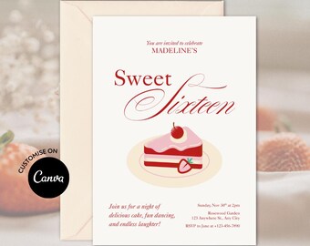 Elegante süße 16-Geburtstags-Einladungsvorlage: Kokette rosa Kuchen für ihre Mädchen-Bday-Party einladen (Canva bearbeitbar, digitaler Download)