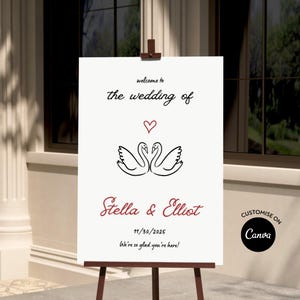 Illustrated Wedding Welcome Sign Template: Swans, Handwritten Font (Canva Editable, Digital Download