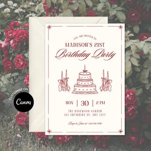 Coquette Birthday Party Invitation Template, Birthday Invite for her, 18th 21st 30th 40th 50th, Editable Canva Template, Vintage, Hand Drawn