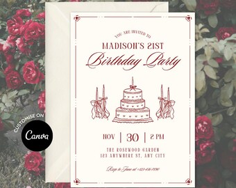 Coquette Birthday Invitation Template: Vintage Hand-Drawn Adult 21st 30th 40th 50th Bday Party Invite (Canva Editable, Digital Download)