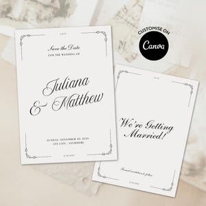 Sjabloon voor uitnodiging voor oud geld: bewaar deze datum: zwart witte vintage bruiloft aankondigingskaart (bewerkbaar op canvas, digitale download)