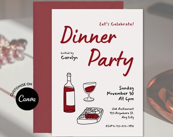 Può includere: Un invito a cena rosso e bianco con un'illustrazione disegnata a mano di una bottiglia di vino, un bicchiere di vino e un piatto di cibo. Il testo dell'invito recita "Celebriamo! Cena" e include la data, l'ora e il luogo dell'evento.