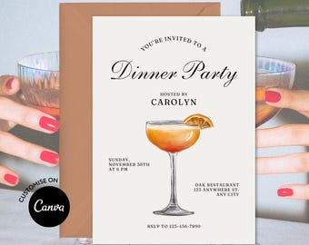 May include: A white invitation card with black text for a dinner party hosted by Carolyn. The invitation includes the date, time, and location of the event. The card features a hand-drawn illustration of a cocktail with an orange slice garnish.