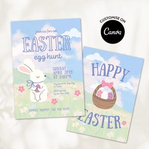 Plantilla editable de invitación para la búsqueda de huevos de Pascua, invitación para la búsqueda de huevos, fiesta de Pascua, plantilla personalizable de Canva, conejito de Pascua, fiesta de primavera