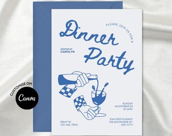 Modello di invito per cena retrò: invito di compleanno per adulti con scarabocchi stravaganti (Canva modificabile, download digitale)