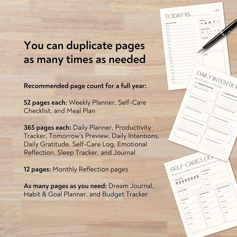 Op de afbeelding: Een printbare planner met een houtnerf achtergrond. De tekst luidt "U kunt pagina's zo vaak dupliceren als nodig is." en geeft het aanbevolen aantal pagina's voor een heel jaar. De planner bevat pagina's voor wekelijkse planning, zelfzorg, maaltijdplanning, dagelijkse planning, productiviteitsregistratie, dagelijkse intenties, dankbaarheid, zelfzorglogboek, emotionele reflectie, slaapregistratie, dagboek, maandelijkse reflectie, droomdagboek, gewoonte- en doelplanner en budgetregistratie.
