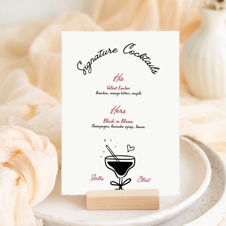 Illustrated Wedding Signature Drinks Sign Template: Hand-drawn Bar Menu ...