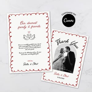 Modelo de cartão de agradecimento de casamento ilustrado, cartões de agradecimento para convidados, cartão de agradecimento de casamento com foto, bilhete, desenhado à mão, caprichoso, editável