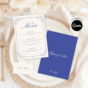 Elegant Wedding Menu and Place Card Template, Dinner Menu, Name Cards, Table Setting, Menu Cards Place Settings Bundle, Printable, Editable