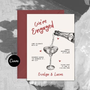Vintage Verlobungsfeier Einladung Vorlage: Champagner Wir sind verlobt Ankündigung einladen (Canva bearbeitbar, digitaler Download)