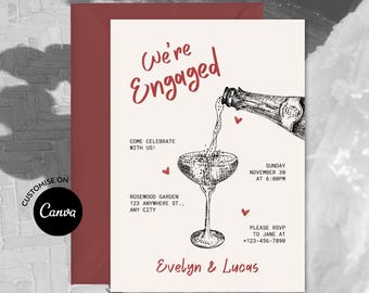 Vintage Engagement Party Invitation Template: Champagne We&#39;re Engaged Announcement Invite (Canva Editable, Digital Download)