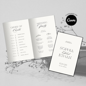 Mall för tidlöst bröllopsprogram: Modern minimalistisk vikt häfte för gudstjänstordning, tidslinje för ceremoni (redigerbar i Canva, digital nedladdning)